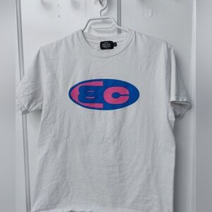 Bene Culture White Tee with graphic Blue and Pink Logo, Size Small